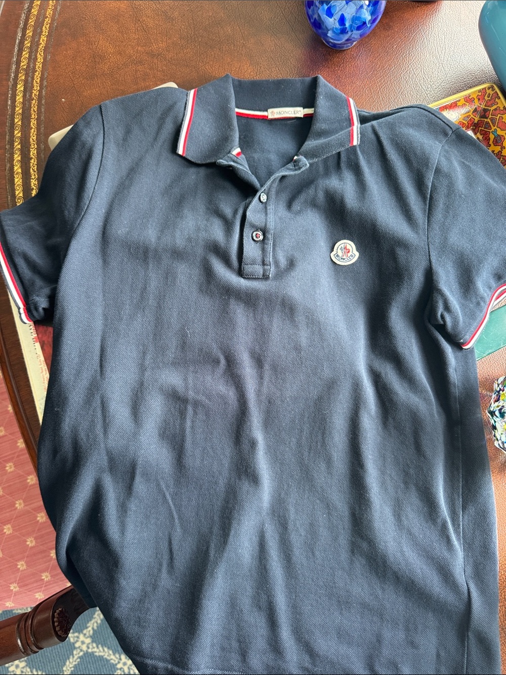 Moncler Navy Polo with Red and White Collar Trim